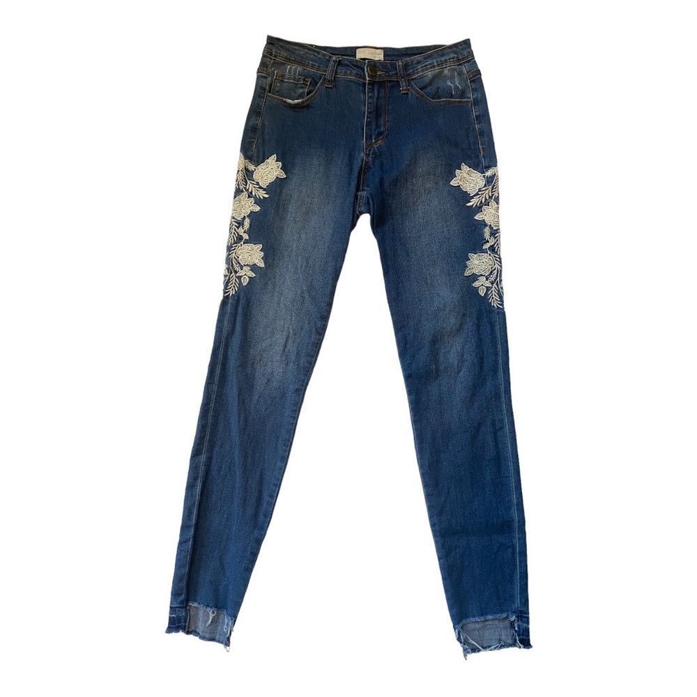 Floral Embroidered Raw Hem Jeans